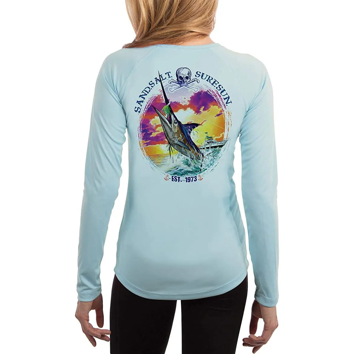SAND.SALT.SURF.SUN. Blue Marlin Sunset Women's UPF 50  UV Sun Protection Performance Long Sleeve T-Shirt