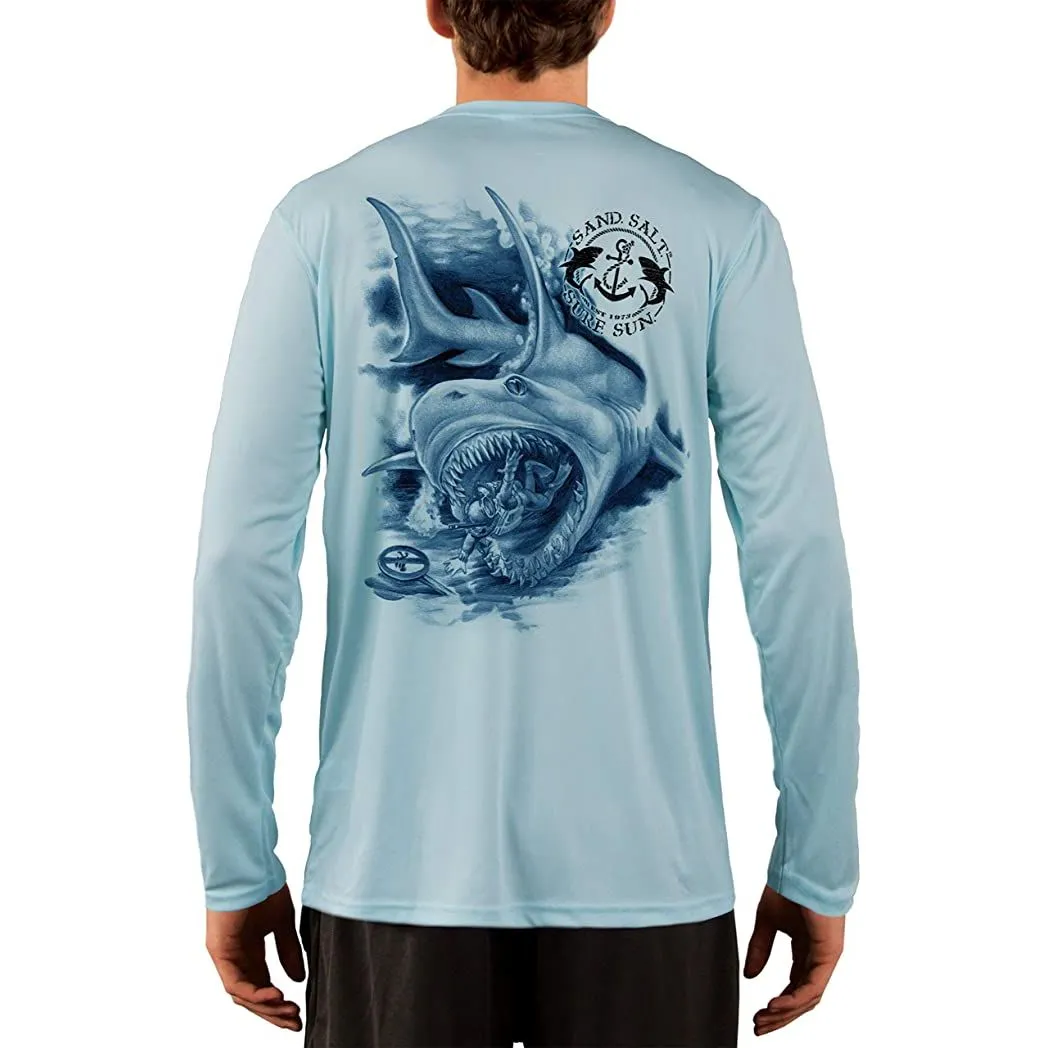 SAND.SALT.SURF.SUN. Shark Diver Attack Men's UPF 50  UV Sun Protection Performance Long Sleeve T-Shirt